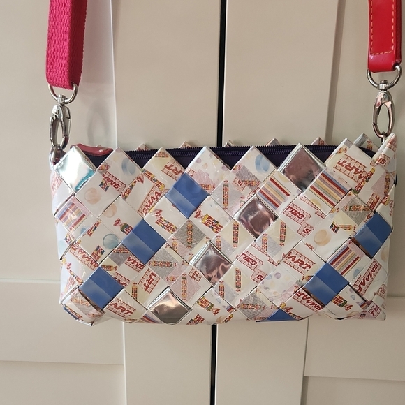 Nahui Ollin Smarties Red and White Crossbody Bag with Geometric Trim - Picture 3 of 7